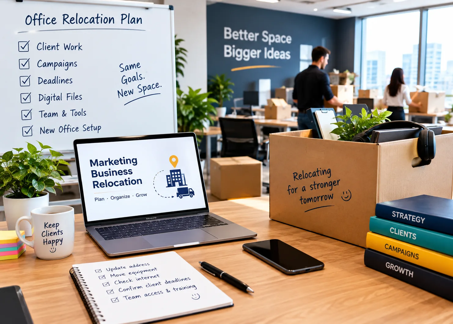 Marketing team organizing client work during an office relocation, with laptops, moving boxes, project notes, digital files, planning checklist, and employees working together in a modern workspace to maintain productivity, deadlines, communication, and business continuity.